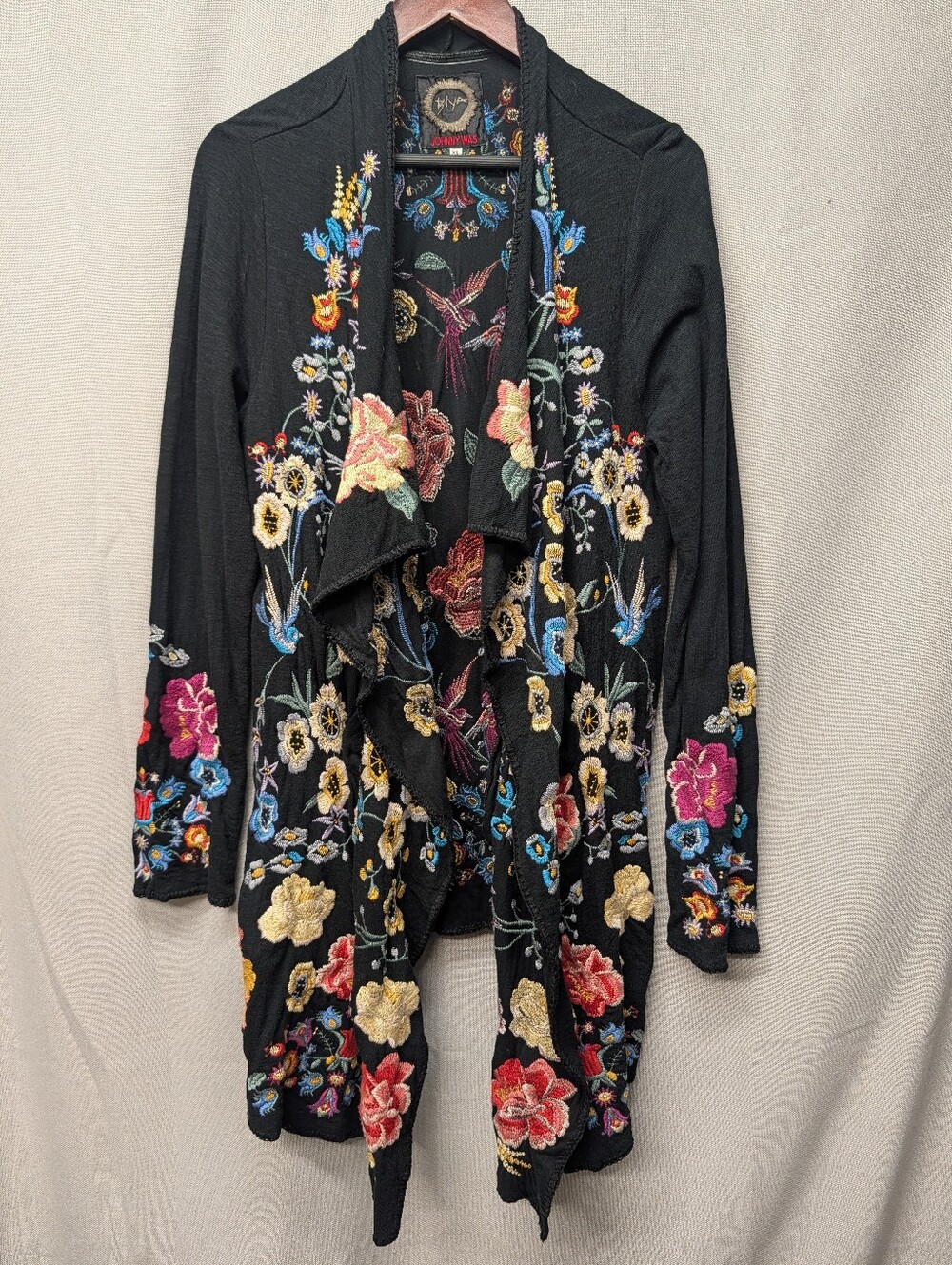 Johnny Was Biya Embroidered Black Floral Open-Front Cardigan Coat Size XL NWOT